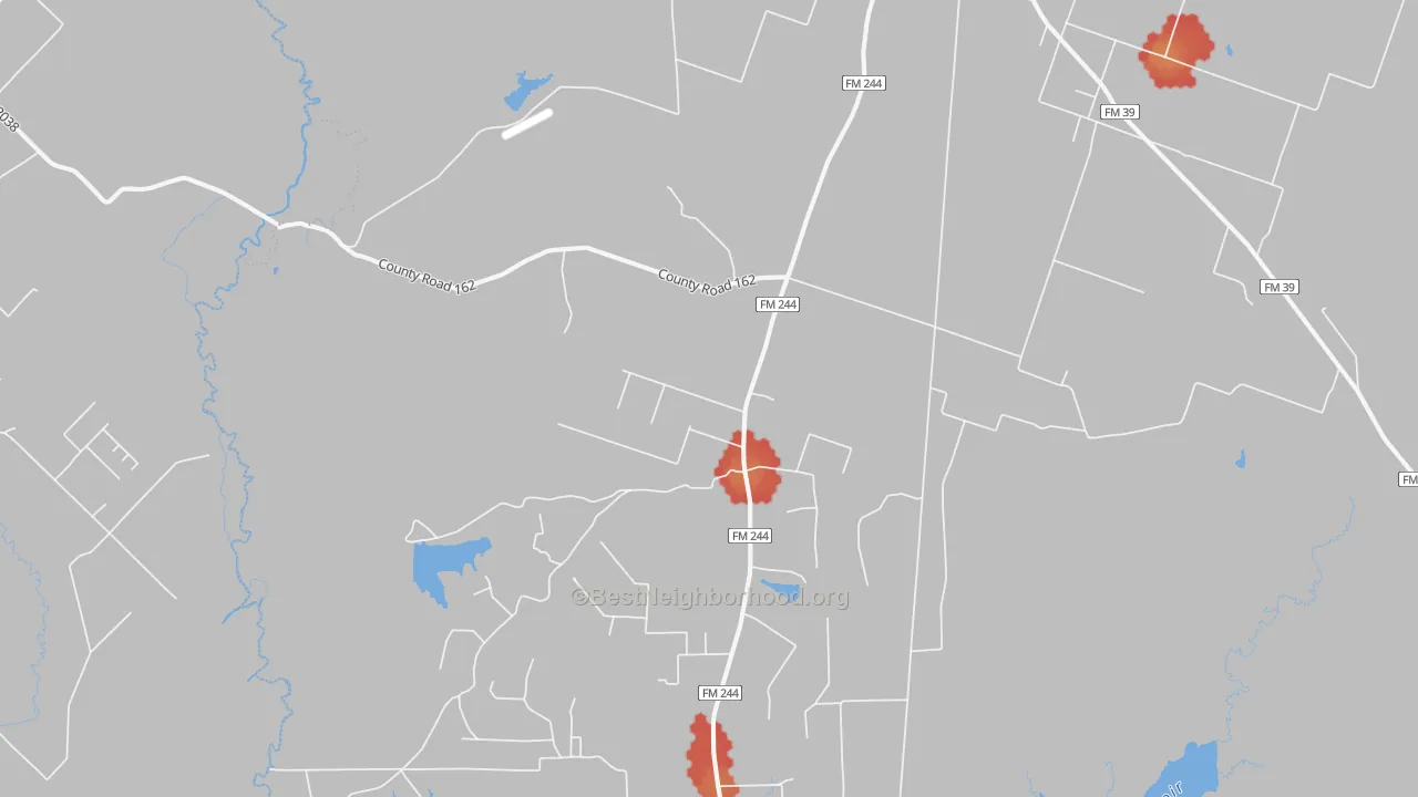 Walk Grade map of 77861, TX, walkable areas in green and car-dependent areas in red