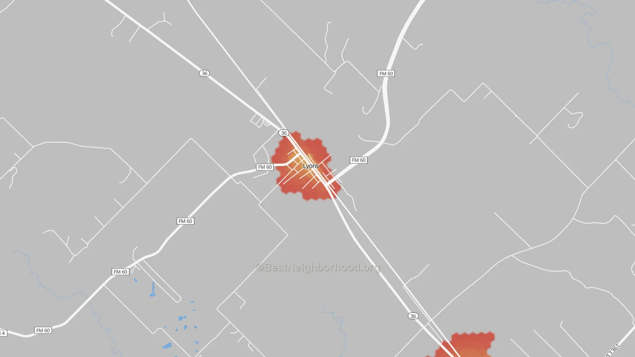Walk Grade map of 77863, TX, walkable areas in green and car-dependent areas in red