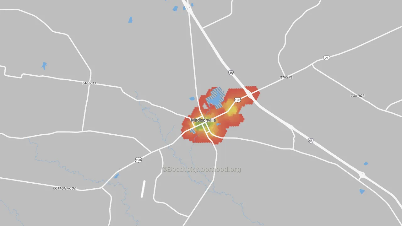 Walk Grade map of 77864, TX, walkable areas in green and car-dependent areas in red