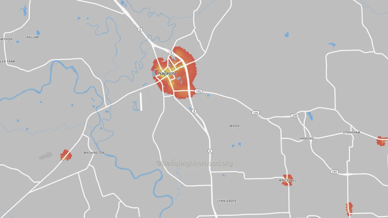 Walk Grade map of 77868, TX, walkable areas in green and car-dependent areas in red