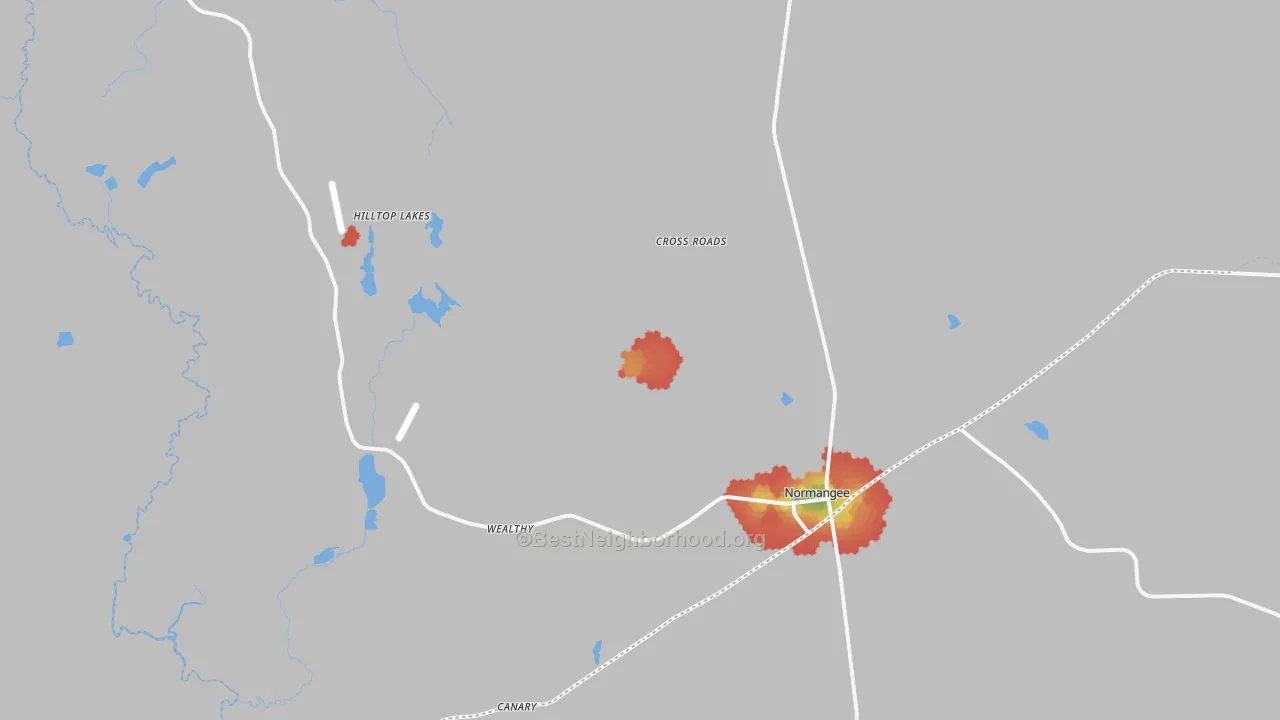 Walk Grade map of 77871, TX, walkable areas in green and car-dependent areas in red