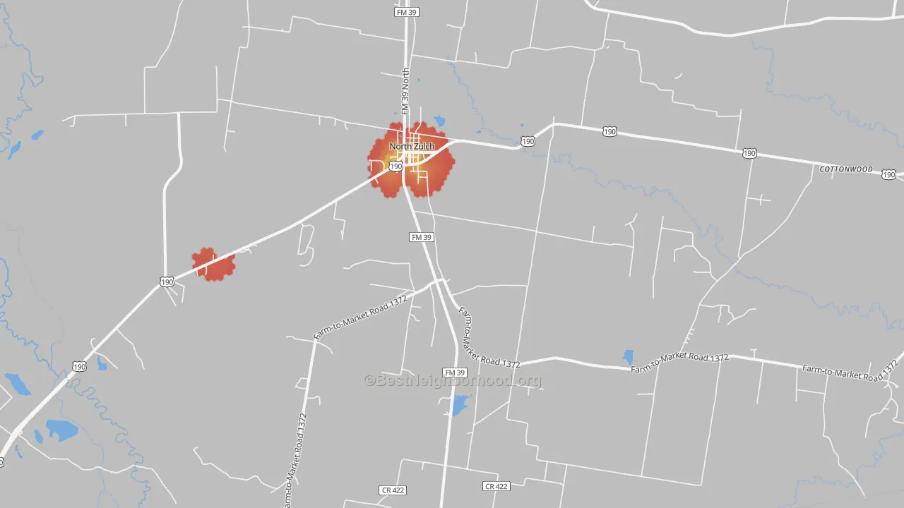 Walk Grade map of 77872, TX, walkable areas in green and car-dependent areas in red