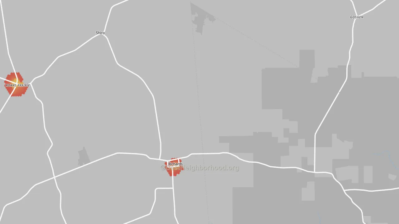 Walk Grade map of 77873, TX, walkable areas in green and car-dependent areas in red