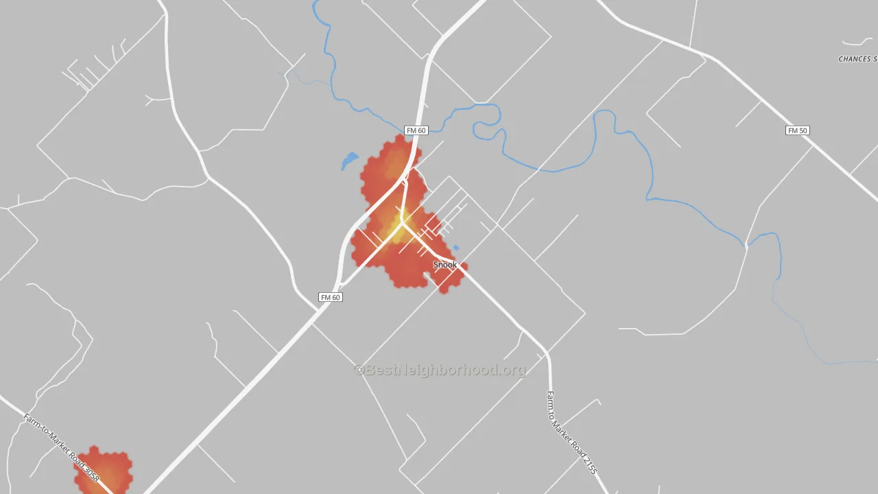 Walk Grade map of 77878, TX, walkable areas in green and car-dependent areas in red