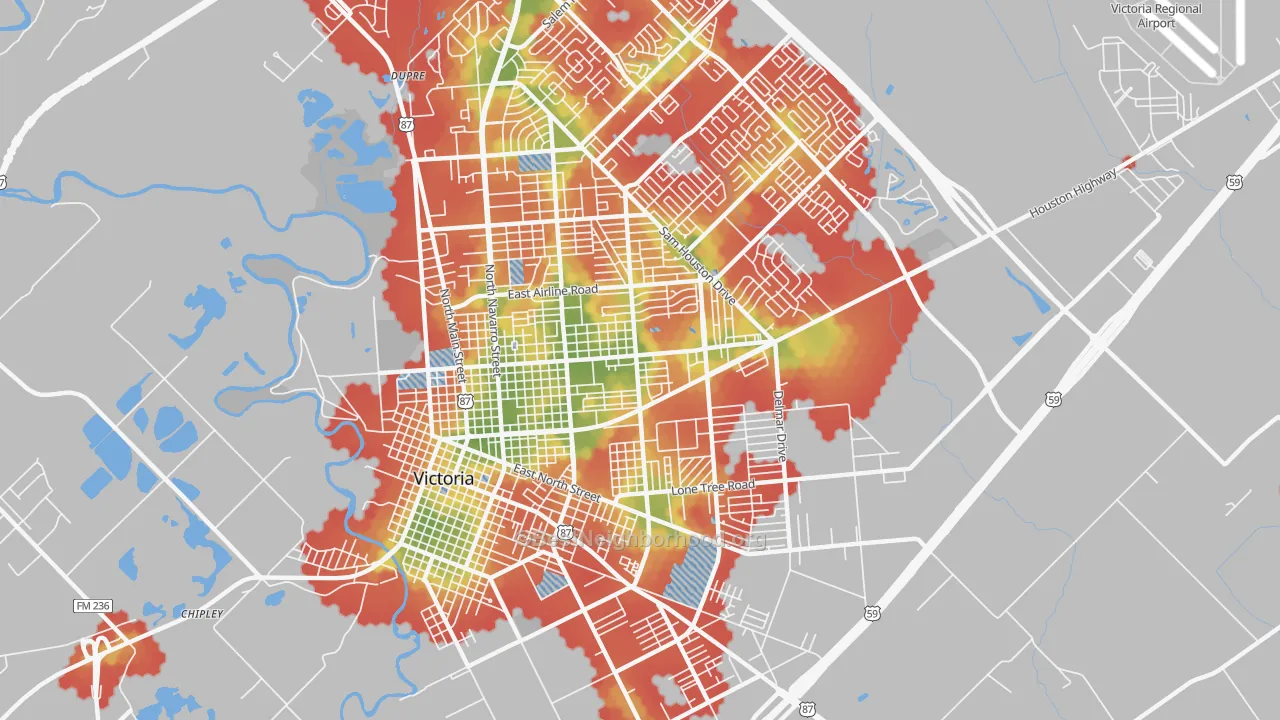 Walk Grade map of 77901, TX, walkable areas in green and car-dependent areas in red