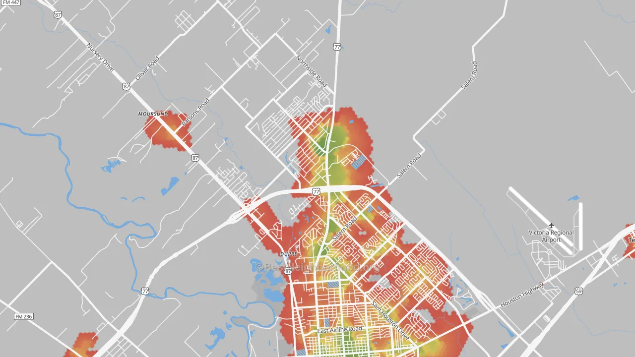 Walk Grade map of 77904, TX, walkable areas in green and car-dependent areas in red