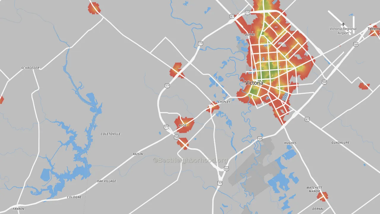Walk Grade map of 77905, TX, walkable areas in green and car-dependent areas in red