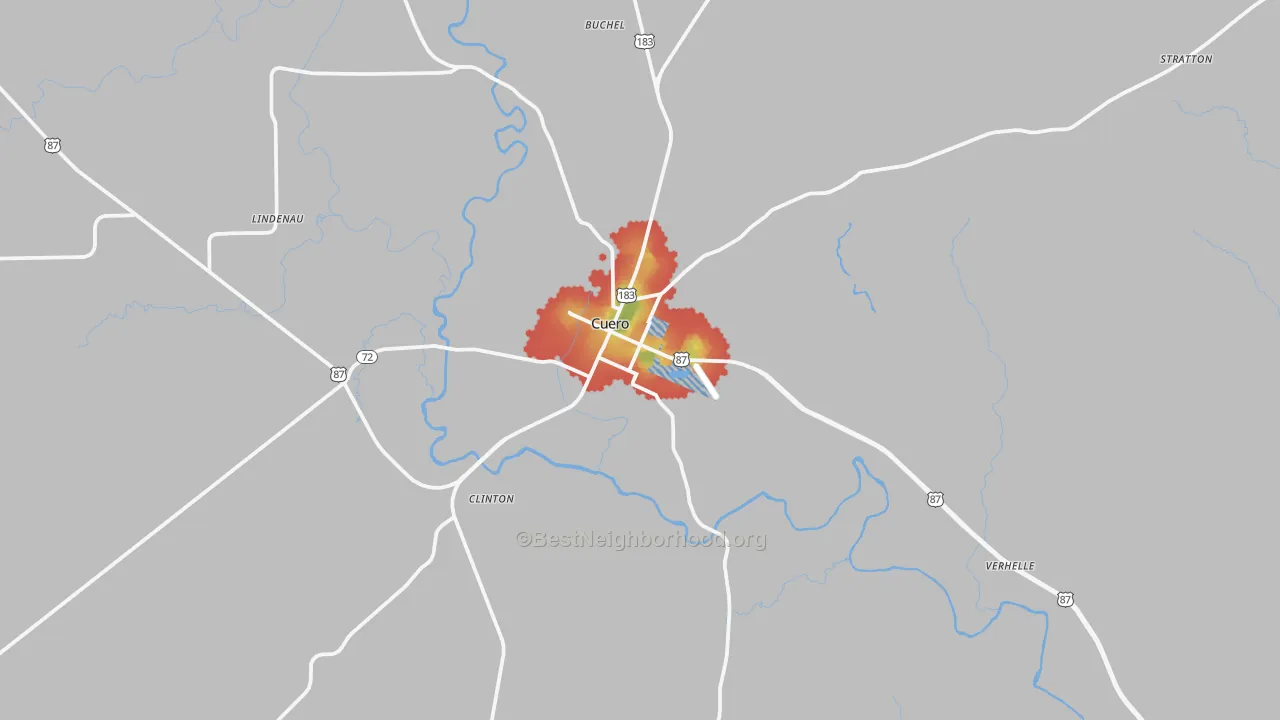 Walk Grade map of 77954, TX, walkable areas in green and car-dependent areas in red