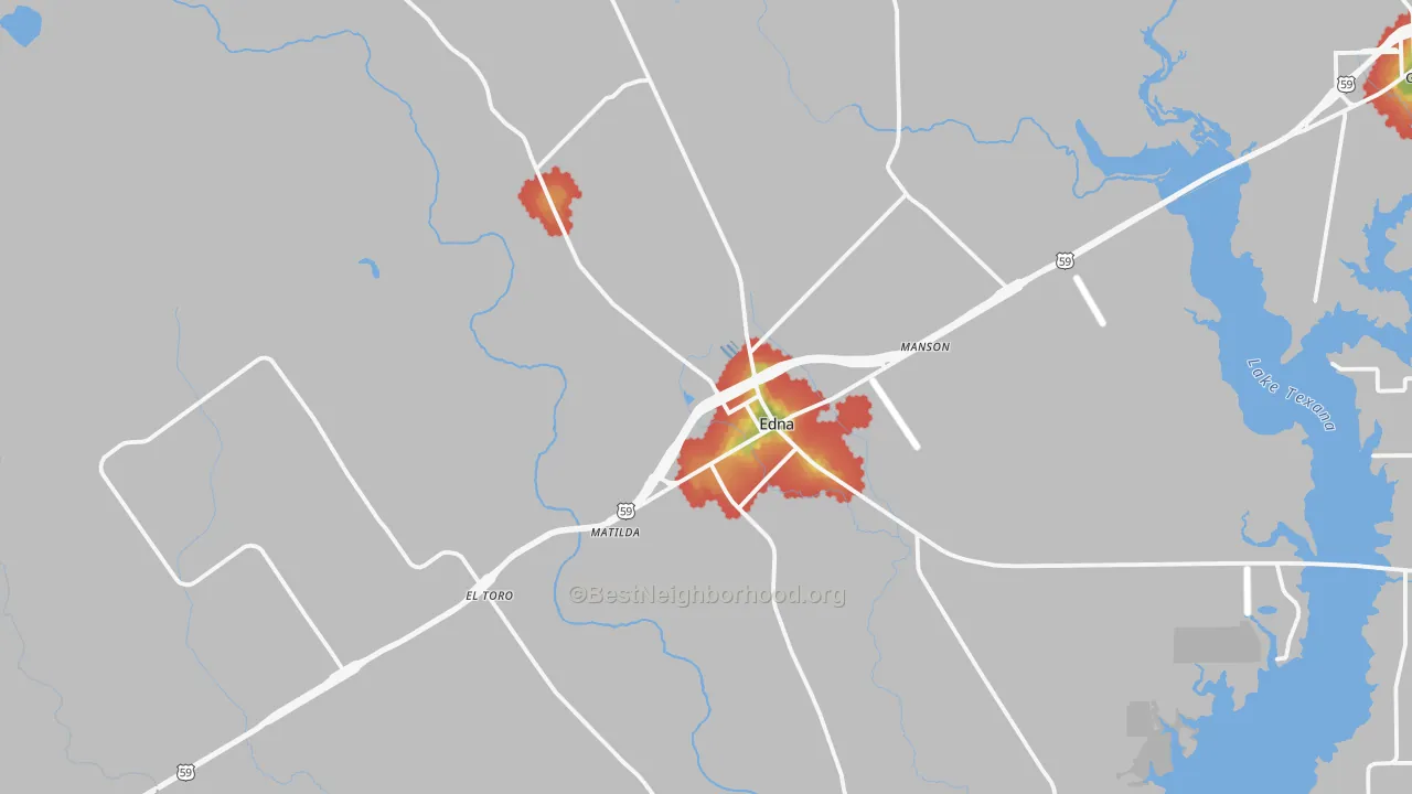 Walk Grade map of 77957, TX, walkable areas in green and car-dependent areas in red