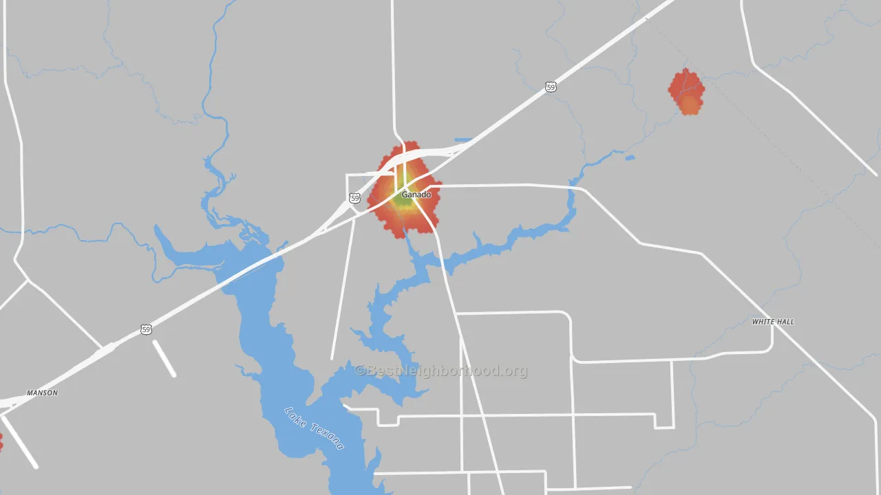 Walk Grade map of 77962, TX, walkable areas in green and car-dependent areas in red