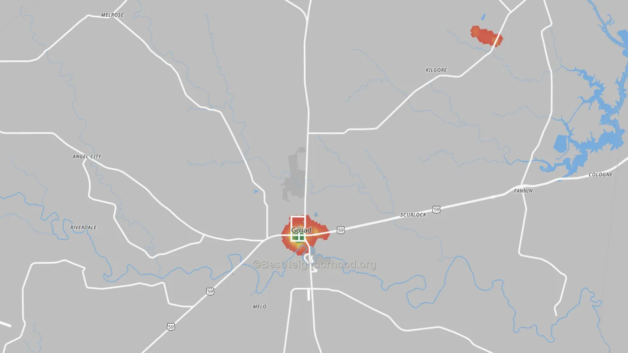 Walk Grade map of 77963, TX, walkable areas in green and car-dependent areas in red