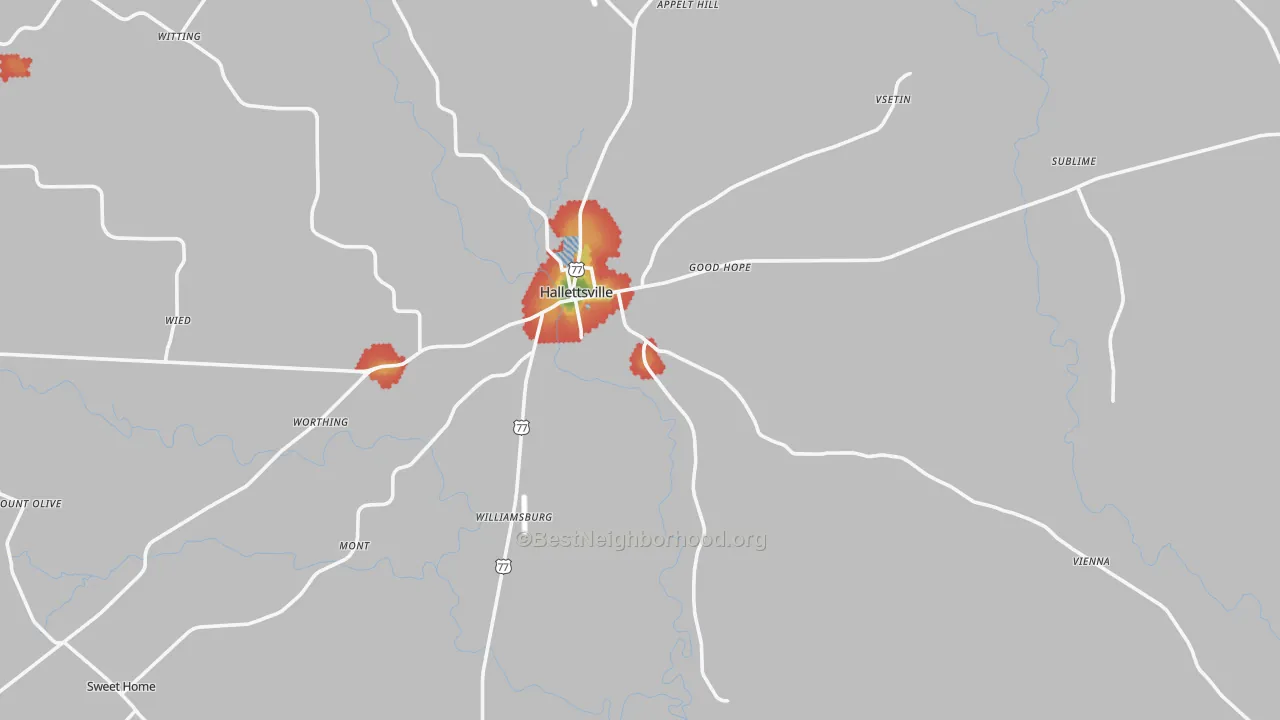 Walk Grade map of 77964, TX, walkable areas in green and car-dependent areas in red