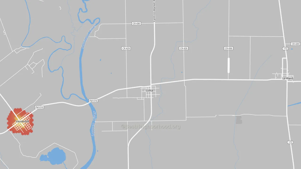Walk Grade map of 77971, TX, walkable areas in green and car-dependent areas in red