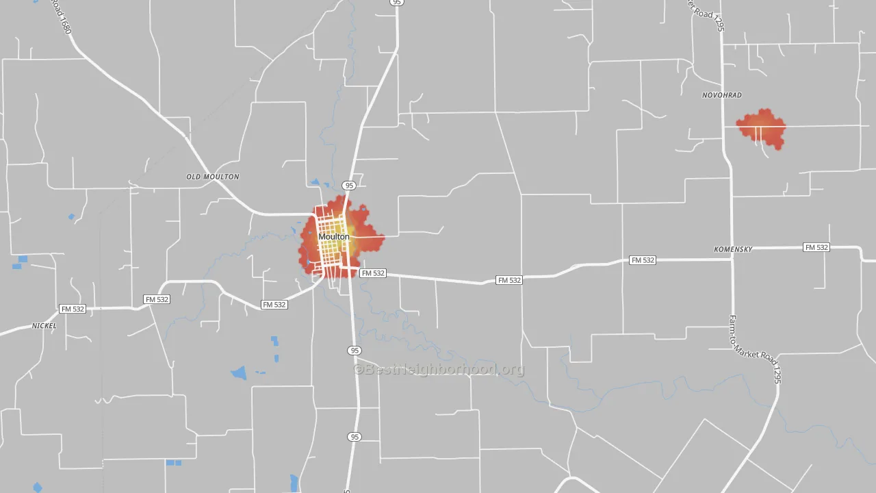 Walk Grade map of 77975, TX, walkable areas in green and car-dependent areas in red