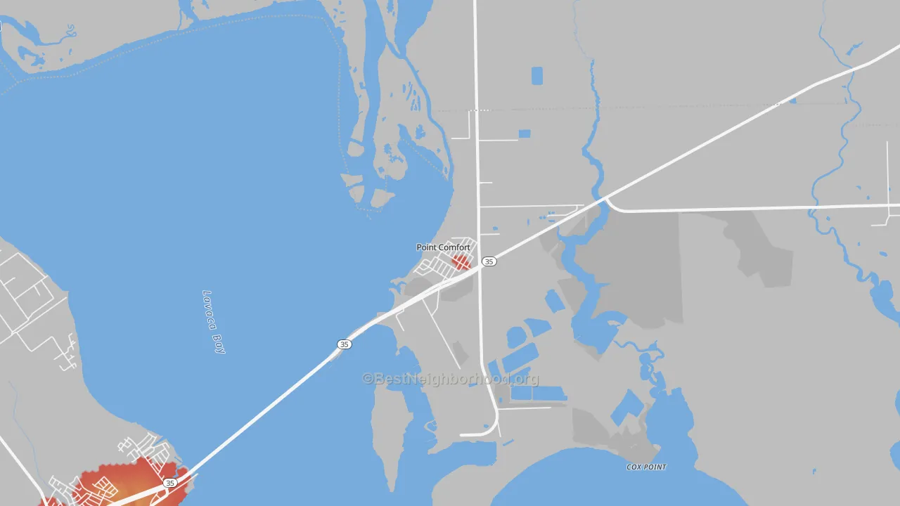 Walk Grade map of 77978, TX, walkable areas in green and car-dependent areas in red
