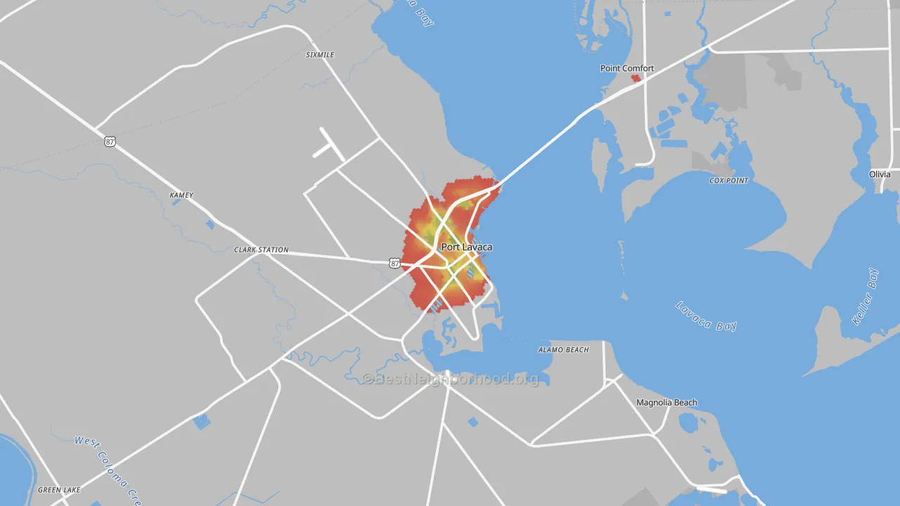 Walk Grade map of 77979, TX, walkable areas in green and car-dependent areas in red