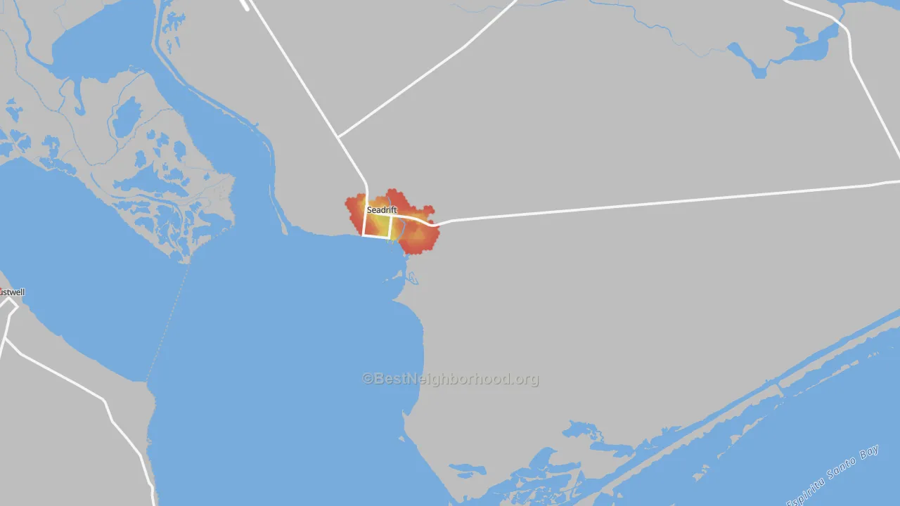 Walk Grade map of 77983, TX, walkable areas in green and car-dependent areas in red