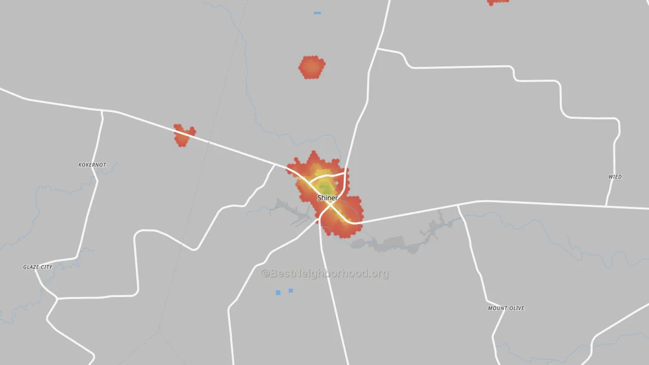Walk Grade map of 77984, TX, walkable areas in green and car-dependent areas in red