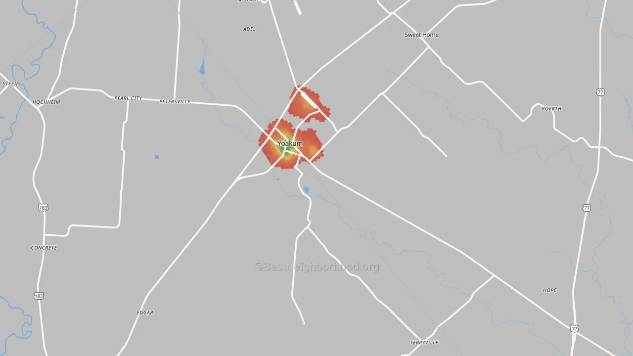 Walk Grade map of 77995, TX, walkable areas in green and car-dependent areas in red