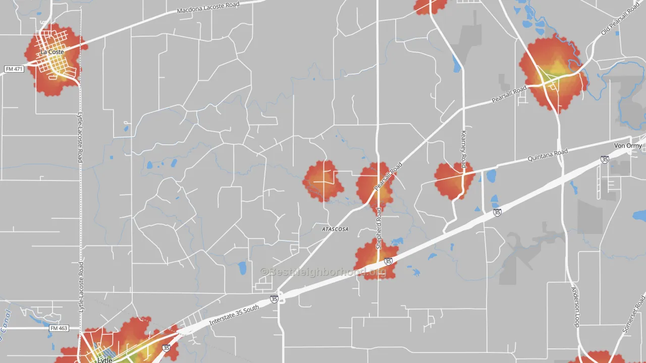 Walk Grade map of 78002, TX, walkable areas in green and car-dependent areas in red