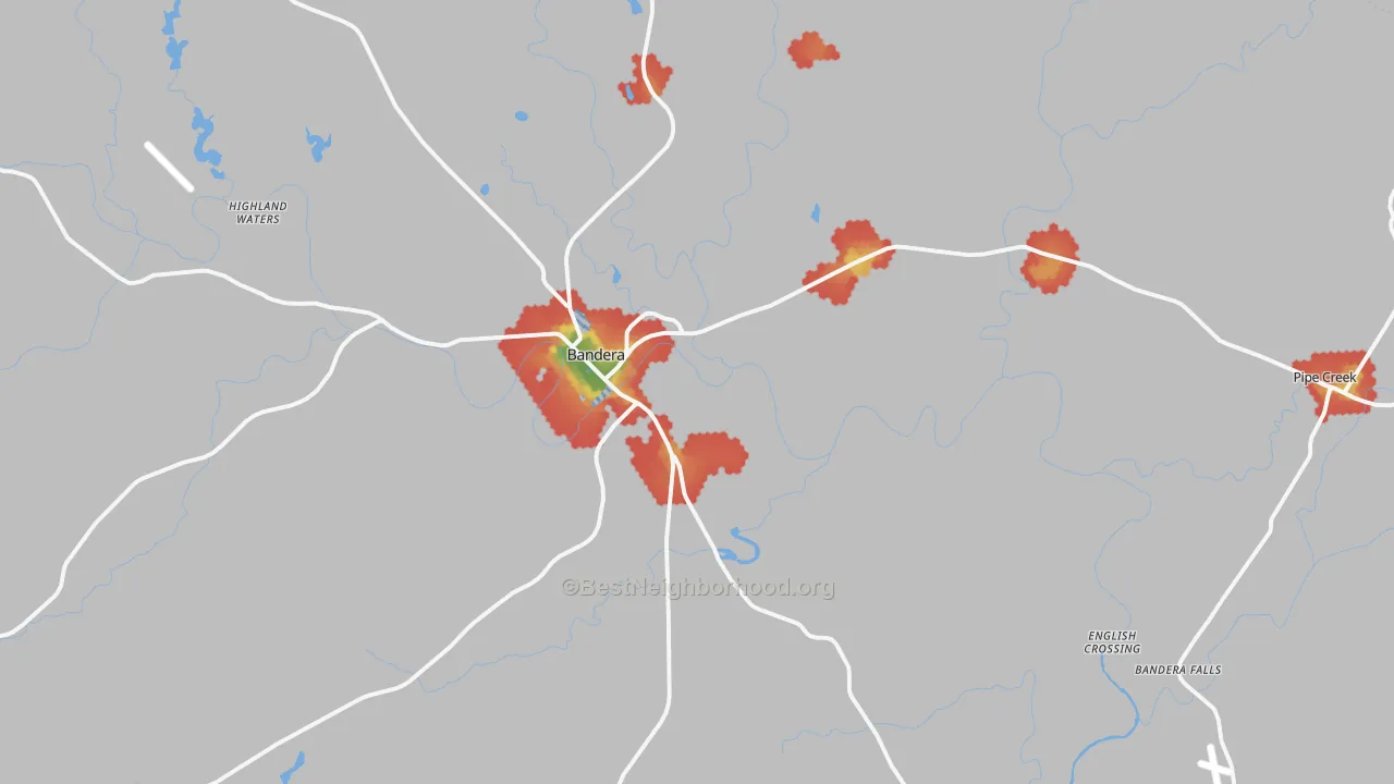 Walk Grade map of 78003, TX, walkable areas in green and car-dependent areas in red