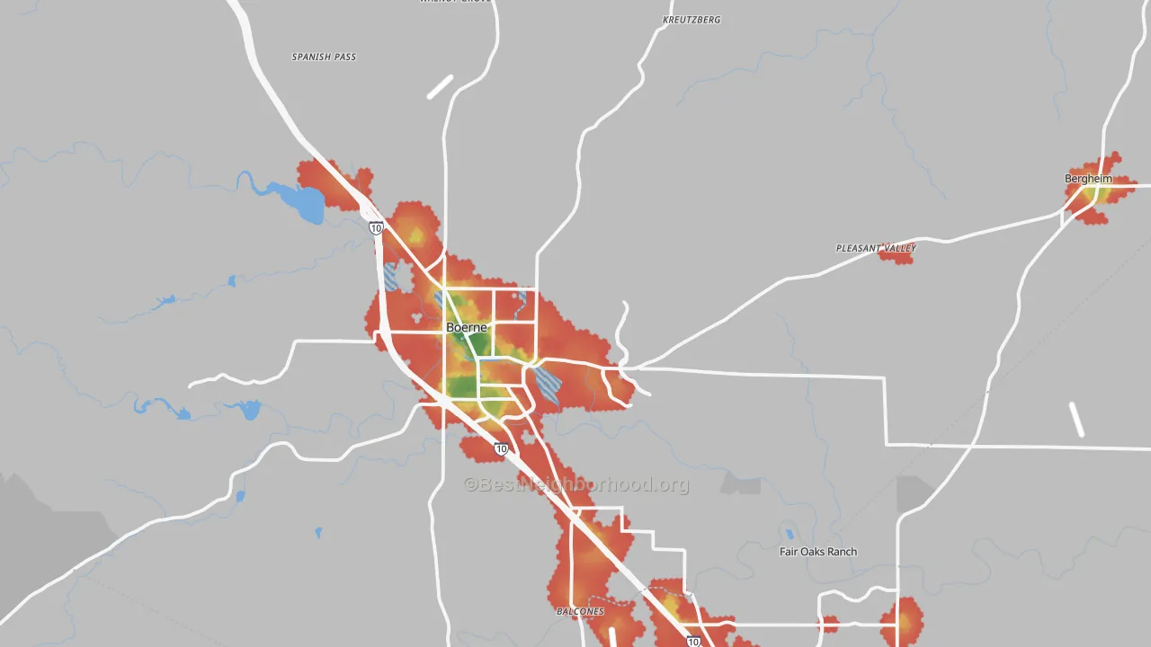 Walk Grade map of 78006, TX, walkable areas in green and car-dependent areas in red