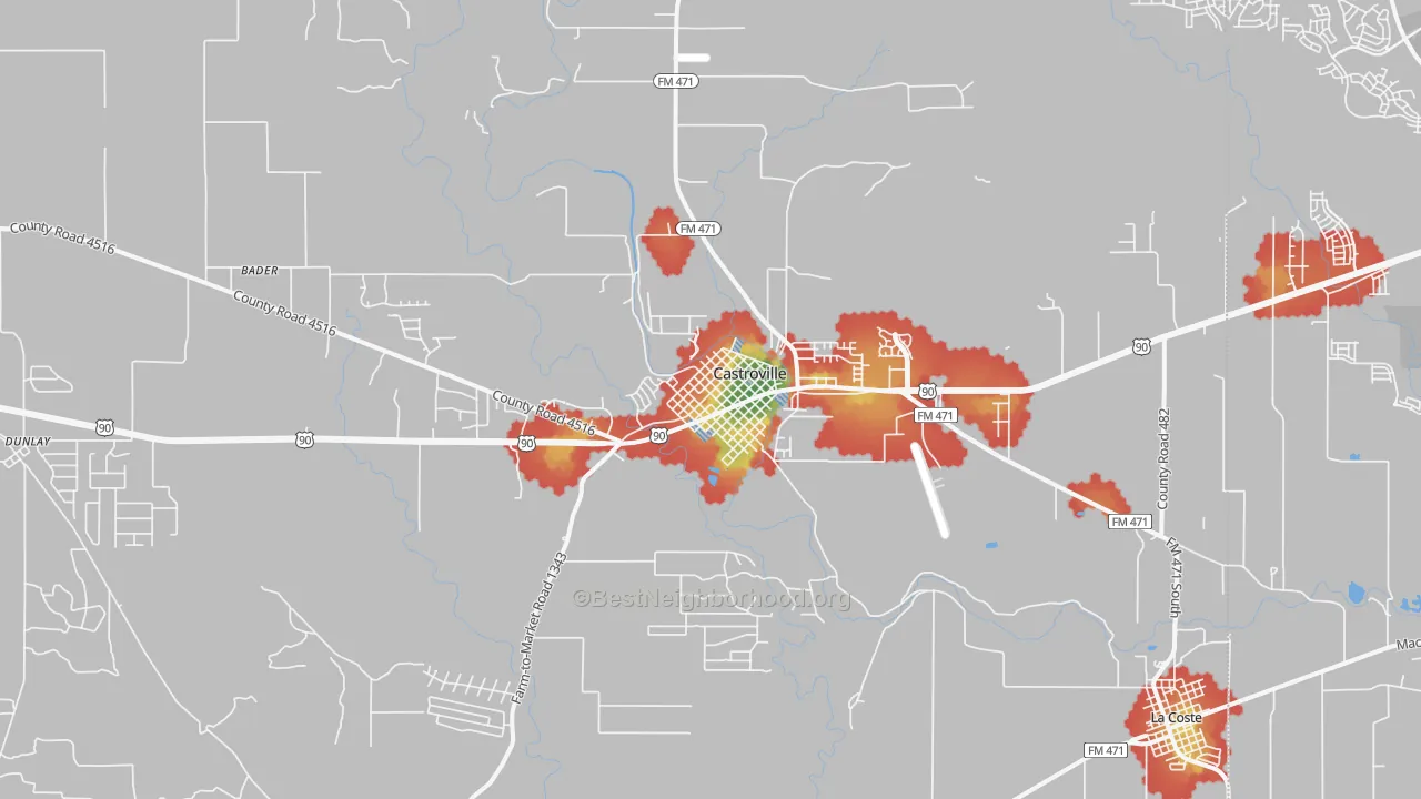 Walk Grade map of 78009, TX, walkable areas in green and car-dependent areas in red