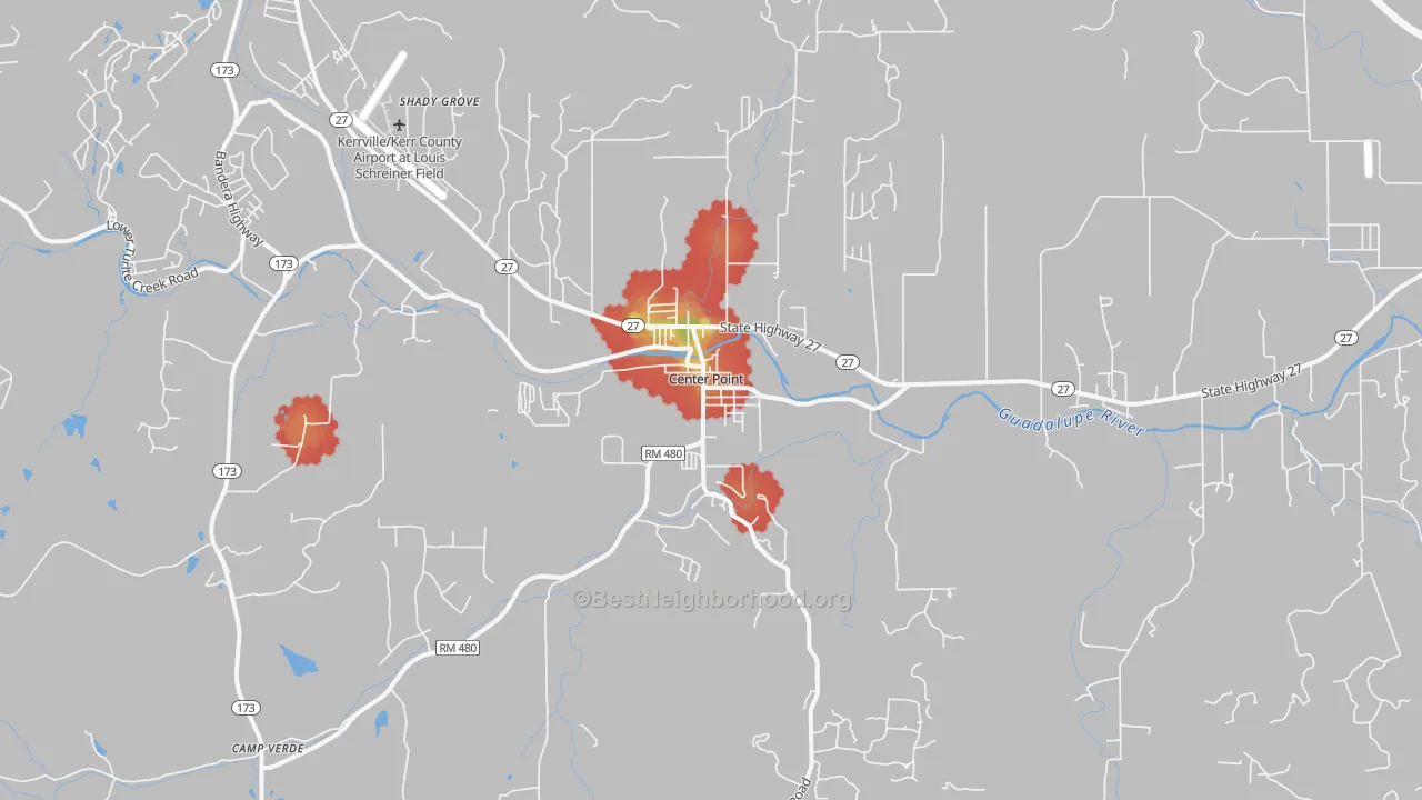 Walk Grade map of 78010, TX, walkable areas in green and car-dependent areas in red