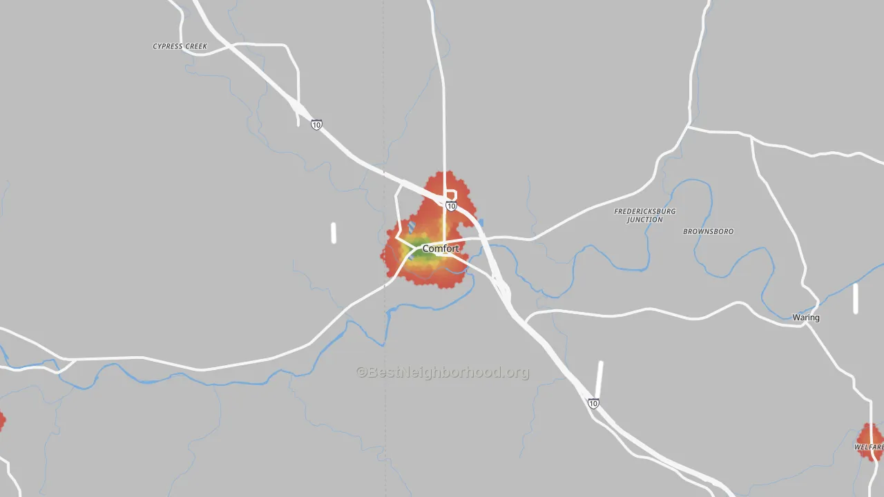 Walk Grade map of 78013, TX, walkable areas in green and car-dependent areas in red