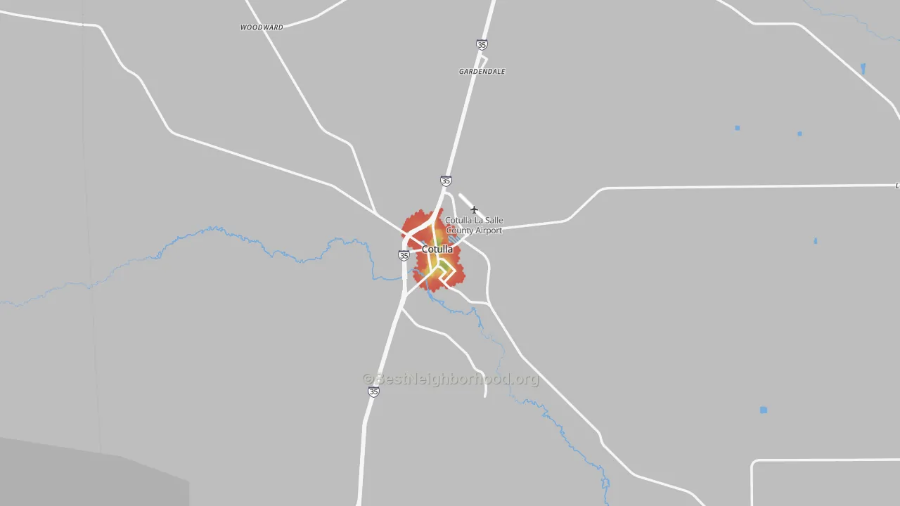 Walk Grade map of 78014, TX, walkable areas in green and car-dependent areas in red