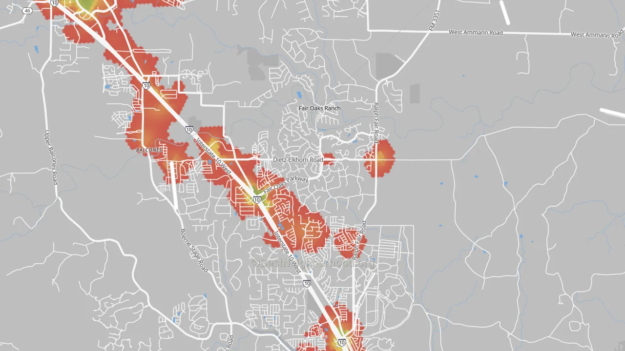 Walk Grade map of 78015, TX, walkable areas in green and car-dependent areas in red