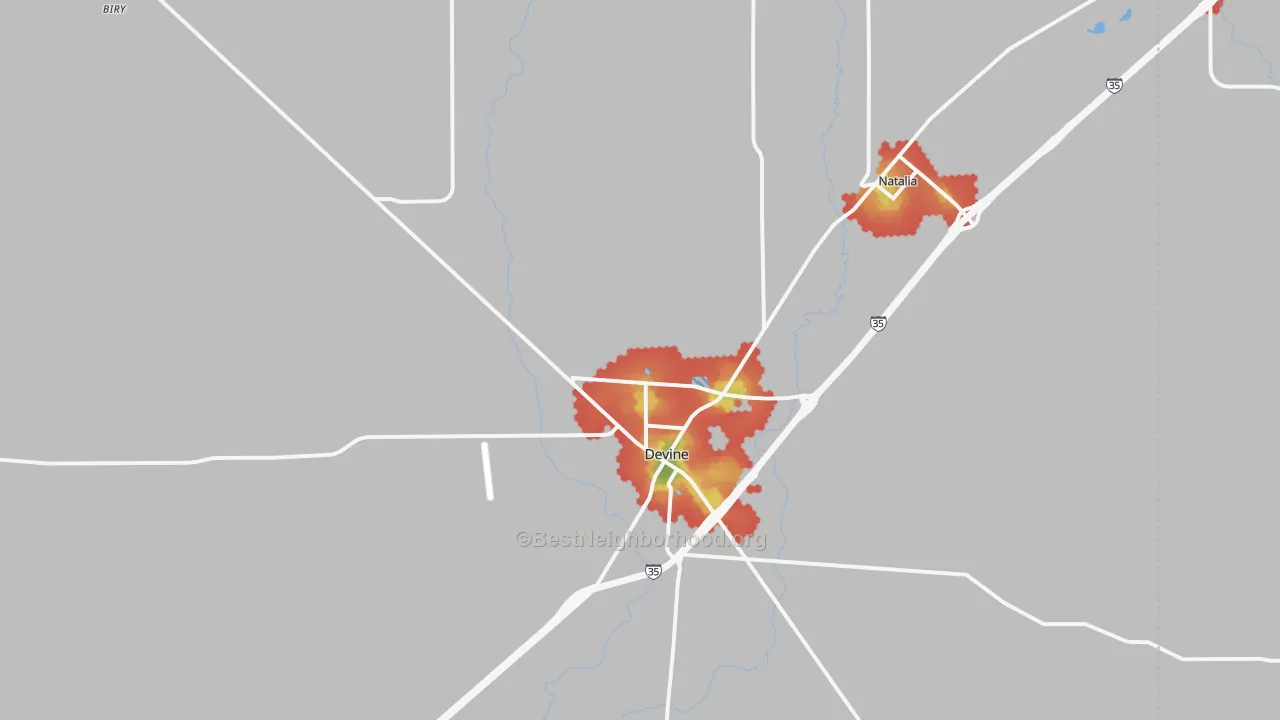 Walk Grade map of 78016, TX, walkable areas in green and car-dependent areas in red