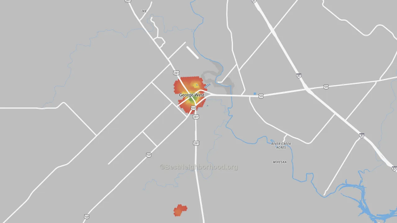 Walk Grade map of 78022, TX, walkable areas in green and car-dependent areas in red