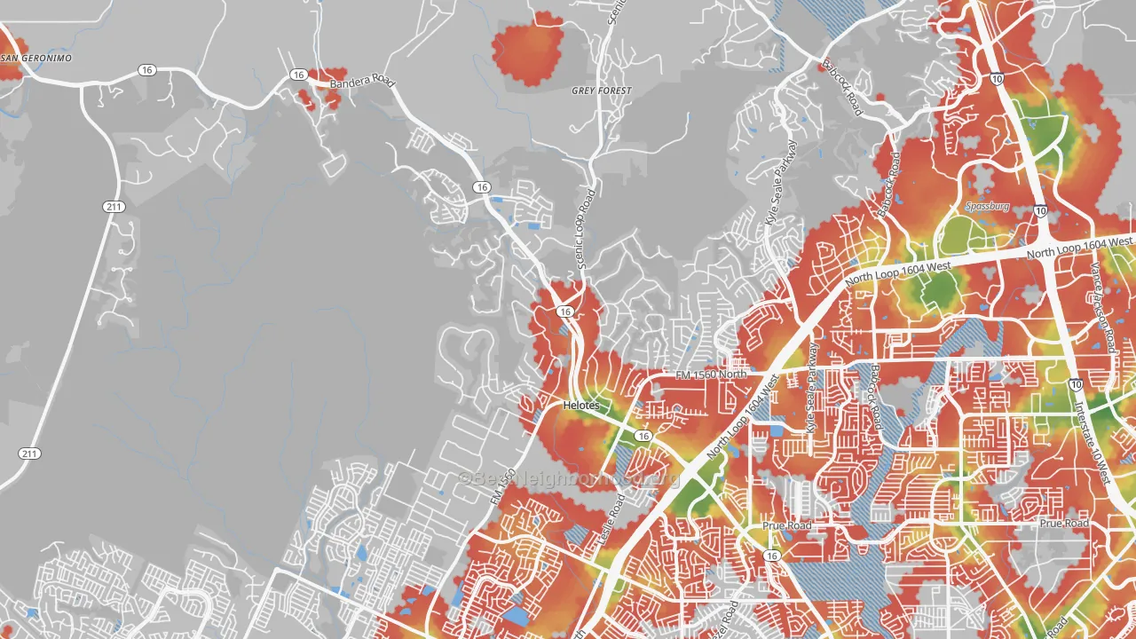 Walk Grade map of 78023, TX, walkable areas in green and car-dependent areas in red