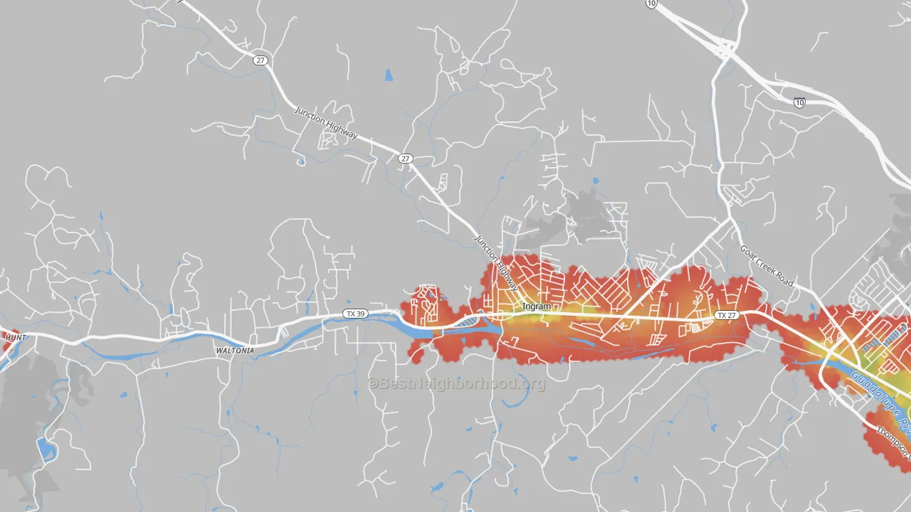 Walk Grade map of 78025, TX, walkable areas in green and car-dependent areas in red