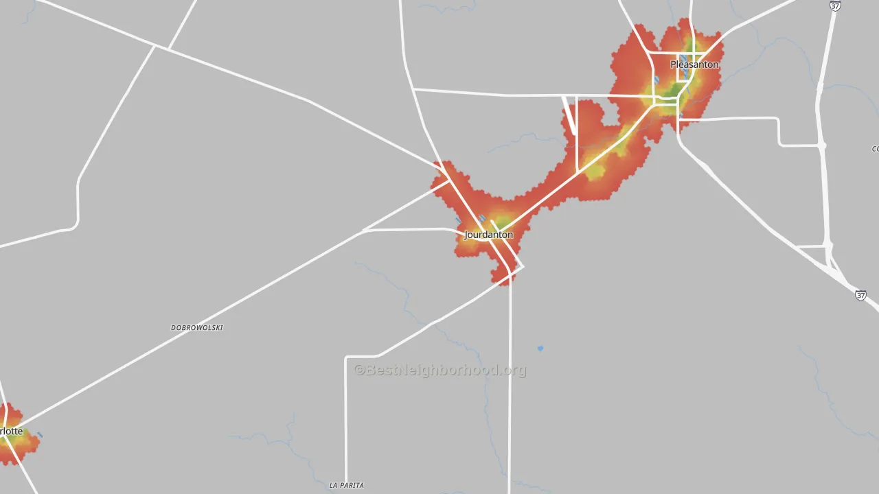 Walk Grade map of 78026, TX, walkable areas in green and car-dependent areas in red