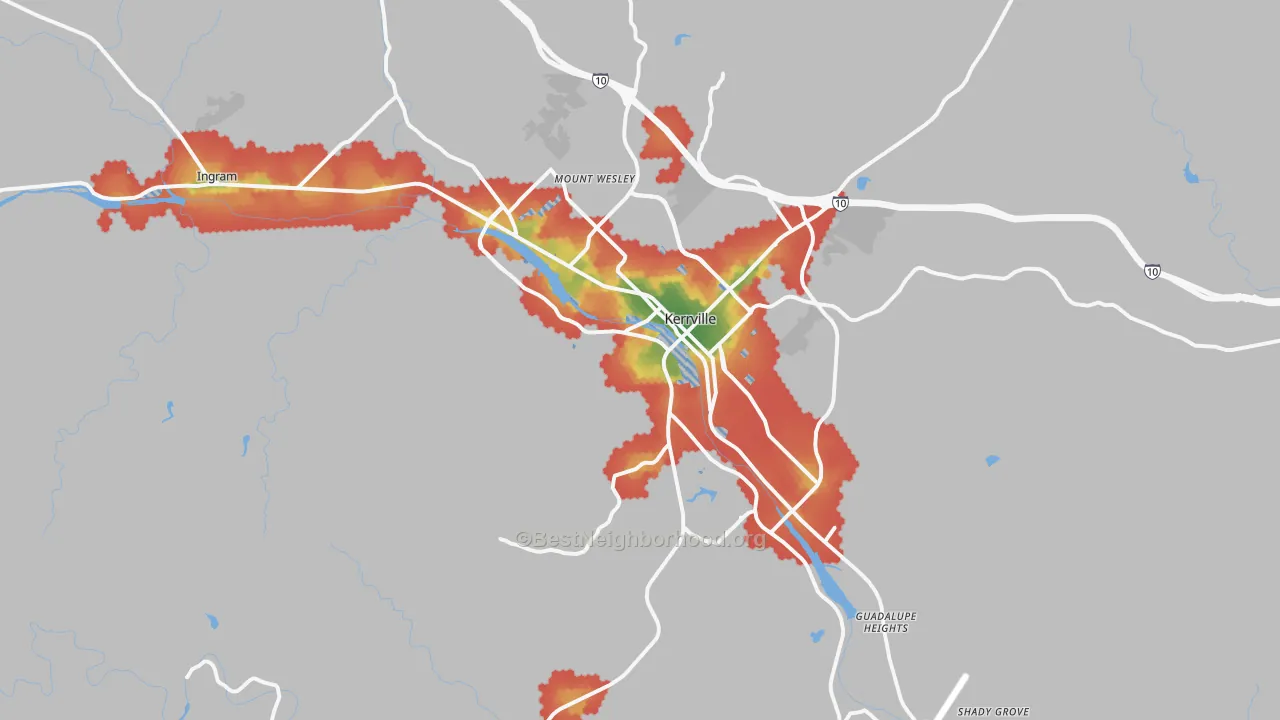 Walk Grade map of 78028, TX, walkable areas in green and car-dependent areas in red