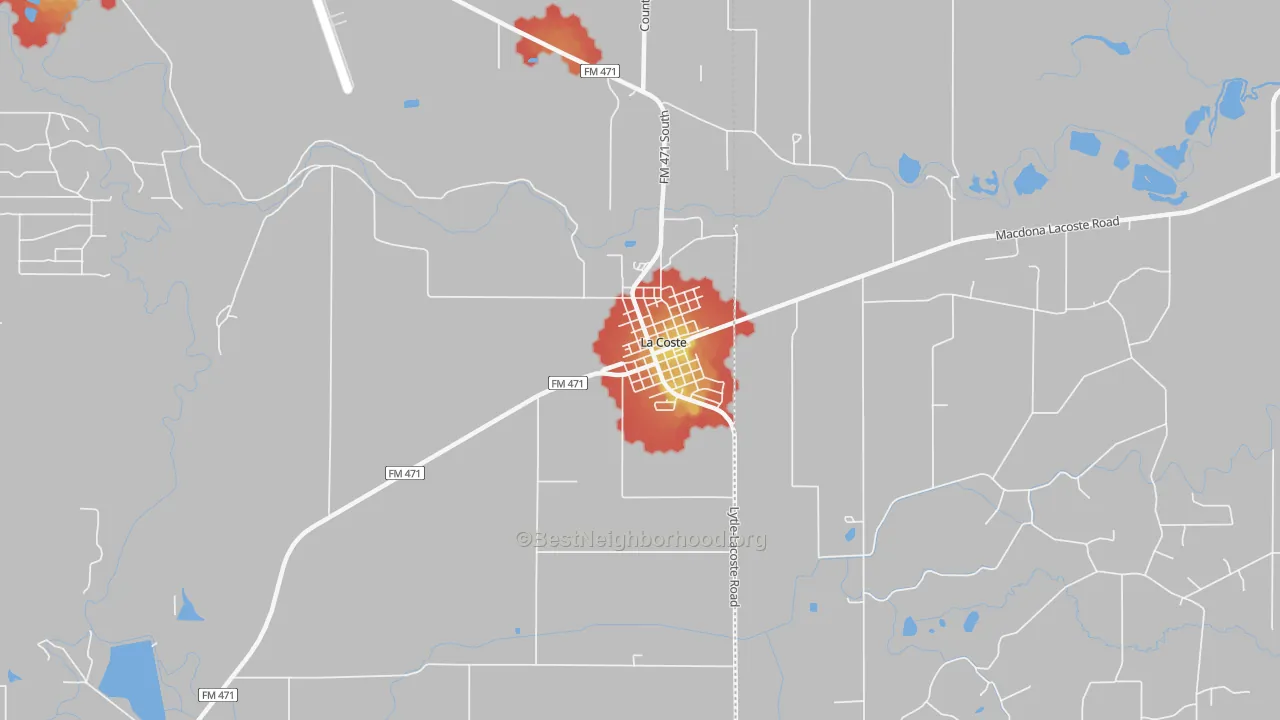 Walk Grade map of 78039, TX, walkable areas in green and car-dependent areas in red