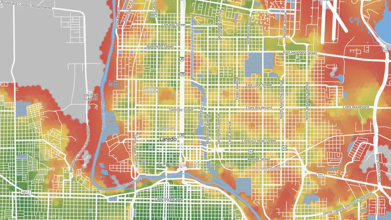 Walk Grade map of 78040, TX, walkable areas in green and car-dependent areas in red