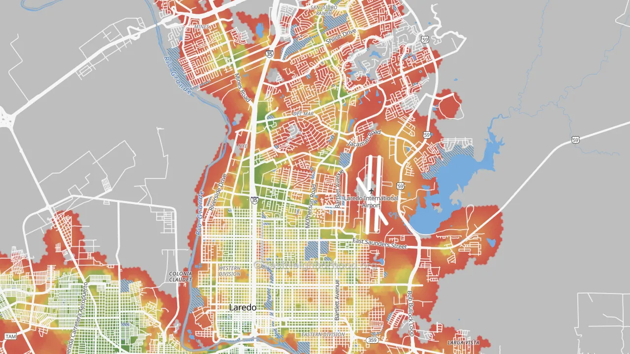 Walk Grade map of 78041, TX, walkable areas in green and car-dependent areas in red