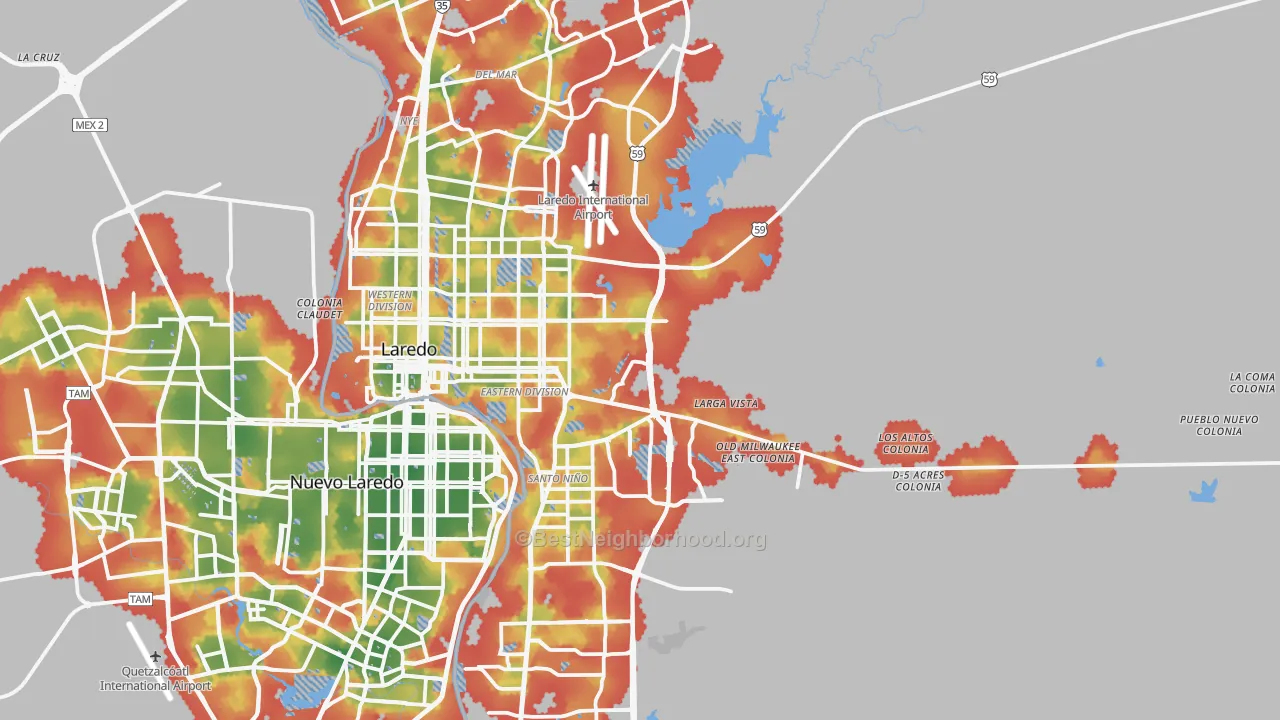 Walk Grade map of 78043, TX, walkable areas in green and car-dependent areas in red