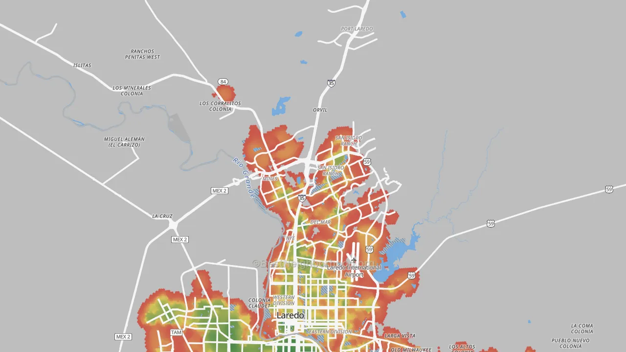 Walk Grade map of 78045, TX, walkable areas in green and car-dependent areas in red
