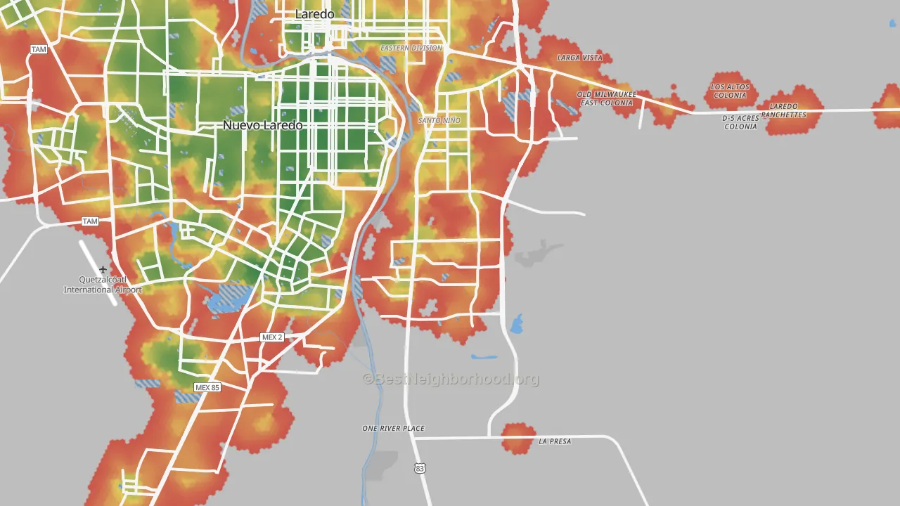 Walk Grade map of 78046, TX, walkable areas in green and car-dependent areas in red
