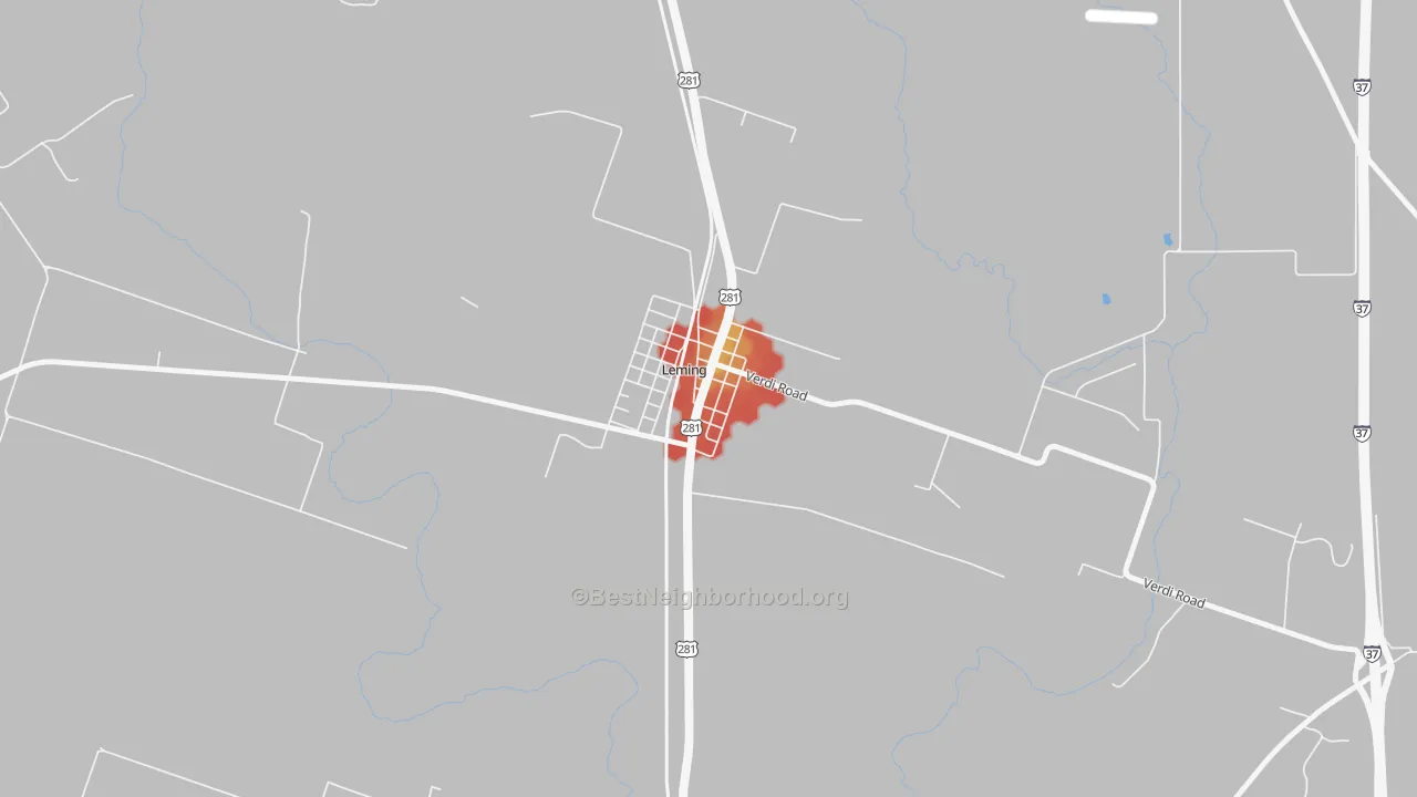 Walk Grade map of 78050, TX, walkable areas in green and car-dependent areas in red