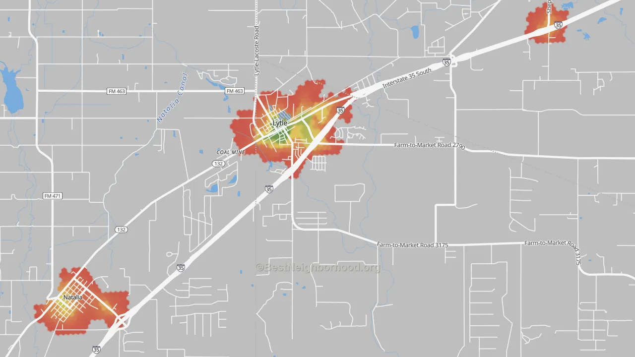Walk Grade map of 78052, TX, walkable areas in green and car-dependent areas in red