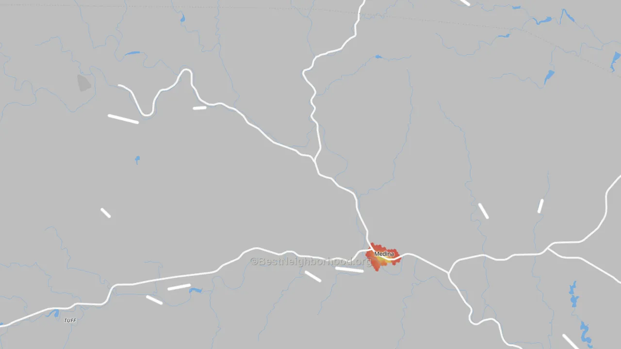 Walk Grade map of 78055, TX, walkable areas in green and car-dependent areas in red