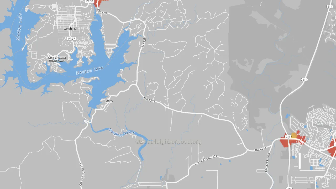 Walk Grade map of 78056, TX, walkable areas in green and car-dependent areas in red