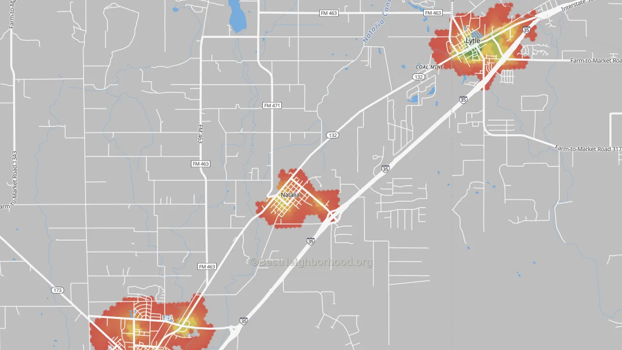 Walk Grade map of 78059, TX, walkable areas in green and car-dependent areas in red