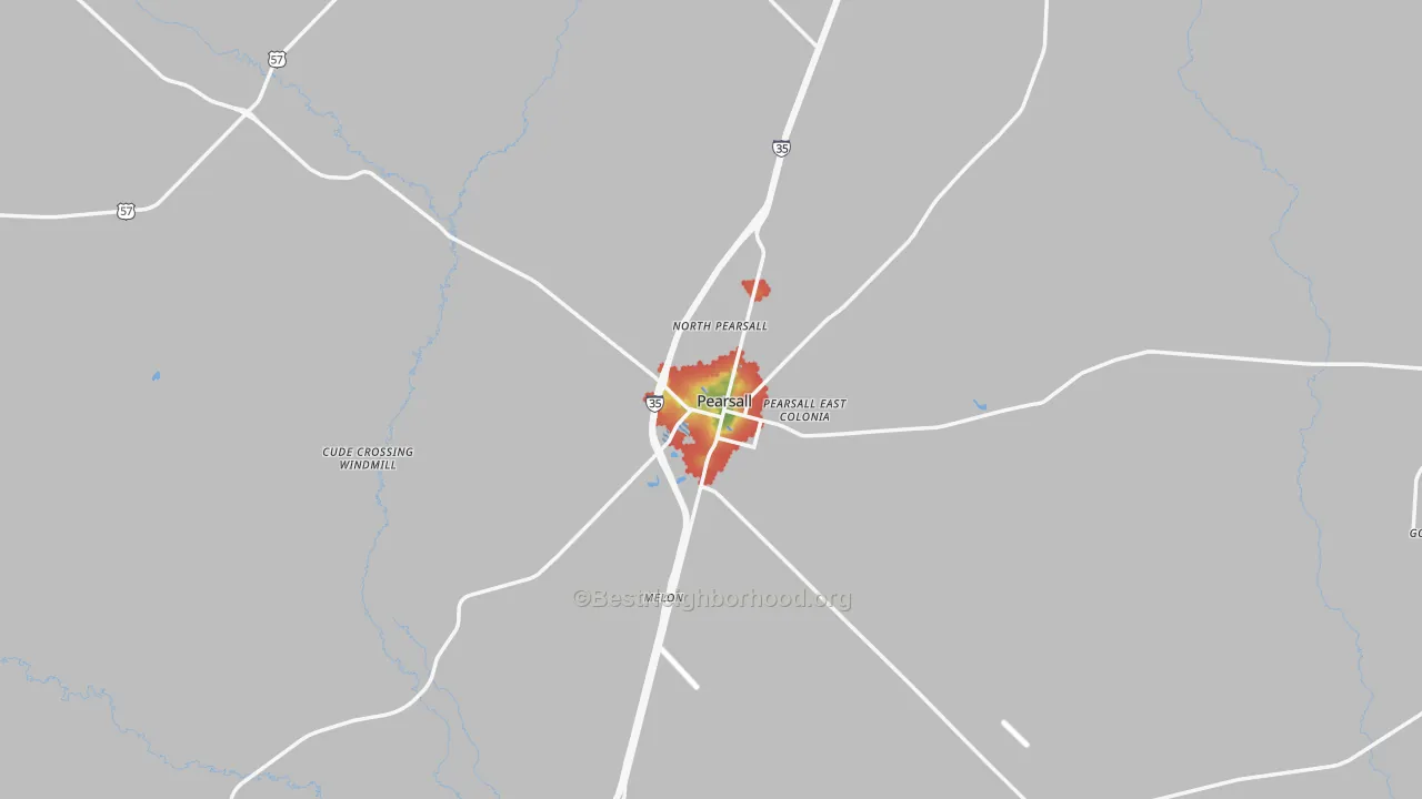 Walk Grade map of 78061, TX, walkable areas in green and car-dependent areas in red