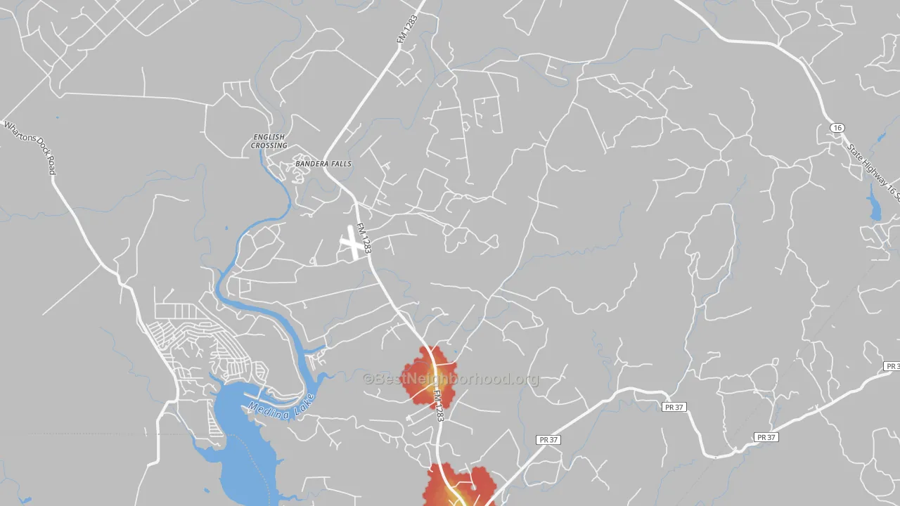 Walk Grade map of 78063, TX, walkable areas in green and car-dependent areas in red